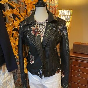 Blank NYC Black Leather Jacket with Colorful Floral Design